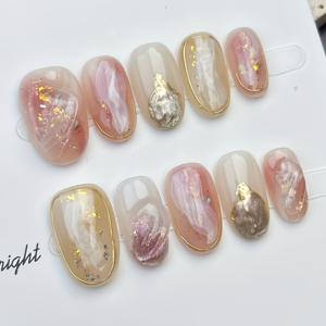 TEMU 핸드메이드 10pcs 아크릴 네일 패치, 봄과 여름용 오벌 디자인 핑크 스머지, 골든 후크 엣지, 로사 멀티플로라, 여성 파티·페스티벌·직장복에 완벽한 선물, DIY