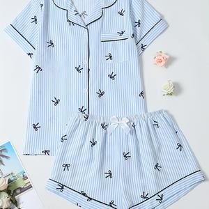 TEMU 리본 프린트 반팔 반바지 잠옷 세트 (10대용)