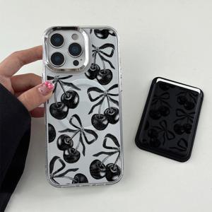 TEMU 휴대폰 케이스 - 아이폰 16 호환, 스타일리시하고 독특한 다기능 충격 방지 휴대폰 케이스 (체리 & 블랙 보우노트 디자인) 2개 세트, 블랙 인조 가죽 마그네틱 돈 지갑 및 카드 홀더 포함