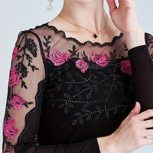 TEMU 가을 신상 긴팔 레이스 라운드넥 베이스셔츠 우아한 라인스톤 메쉬 스트레치 핏티셔츠