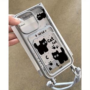 TEMU 블랙캣 귀여운 만화 전기 도금 실버 엣지 투명 휴대폰 케이스, 카드 슬롯 지갑 및 은색 랜야드 포함, 아이폰 16/15/14/13/12/11/12 미니/13 미니/XR/XS/XS MAX/16 프로 맥스/16 플러스/16 프로 호환