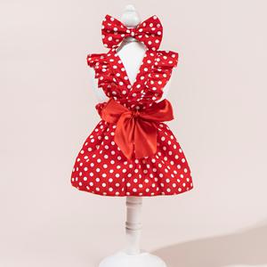 TEMU 빨간 배경에 흰색 점, 물방울 무늬, 빨간색과 흰색 웨딩 드레스, 결혼식, 의상, 인형 칼라, 프렌치 스타일, 강아지 옷, 고양이 옷, 의류 드레스, 플라잉 슬리브, 보우 타이, 레이스, 귀여운, 애완 동물 의류, 진주 펜던트, 코사주, 크리스마스