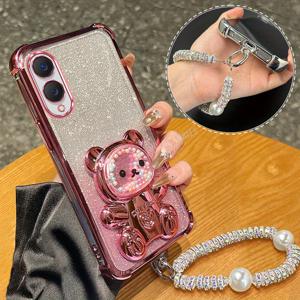 TEMU 폰 케이스: S25 1개 귀여운 퀵샌드 베어 브래킷 홀더 + 1개 럭셔리 글리터 랜야드 체인 팔찌 + 1개 그라데이션 도금 폰 케이스, 갤럭시 S25 호환 TPU 충격 방지 스탠드 커버