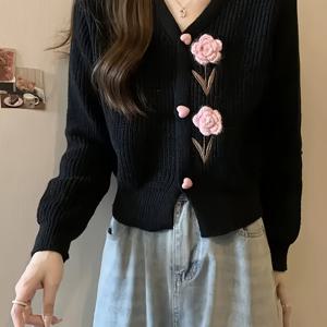 TEMU 2025 가을/겨울 신상 여성 패션 스웨터, 시크한 핸드 크로셰 꽃 자수 가을/겨울 가디건 코트, V넥 긴소매 레귤러 핏, 가을/겨울 스웨터 컬렉션 여성 의류