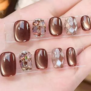 TEMU 메일라드 컬러 커피 수제 핸드페인팅 체크무늬 스파클링 누름식 인조네일 10개, 가을 겨울 데일리용, 짧은 라운드형, 스위트 앤 쿨 네일, 여성용 및 선물용