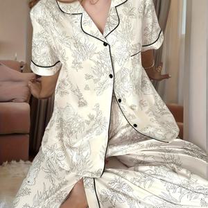 TEMU 여성용 가을 파자마 세트, 가디건, 반팔, 긴 바지, 여름용 토끼 프린트 라운지웨어