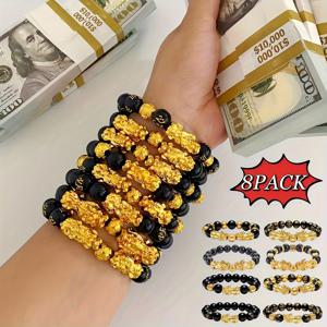 TEMU 8개 풍수 픽수 비즈 팔찌 세트 - 빈티지 감성의 흑요석, 행운의 비즈와 금색 픽수 특징, 남녀 공용 디자인, 데일리룩을 위한 스타일리시 액세서리, 선물용으로 완벽