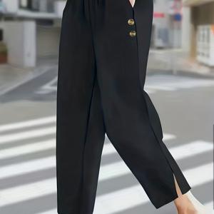 TEMU 단색 엘레강스 블랙 앵클 팬츠, 버튼 포켓 포함. 슬릿 커프스 디자인이 날렵한 느낌을 더해 일상 외출이나 통근에 적합한 스키니 팬츠