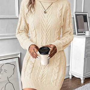 TEMU 겨울용 따뜻한 리브드 드레스 - 섹시한 하이넥 A라인 드레스, 바디스 & 플레어드, 미디엄 길이, 가을/겨울용, 패딩 없음/쉬운 레이어링, 파티/사무실/행사용 우아한 디자인 ()