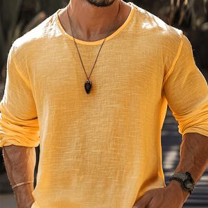 TEMU 라운드넥 디자인과 자연스러운 주름이 돋보이는 밝은 노란색 긴팔 상의는 편안한 휴가 분위기를 연출하며, 일상복에 생기와 매력을 더합니다.