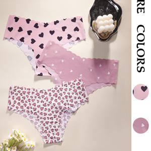 TEMU 3팩 - 하트 & 프린트 시리즈 여성 브리프, 편안한 심리스 여성 브리프, 원피스 V자형 리프팅 허리 밴드 웨이브 레이스 디자인 스포츠 여성 브리프