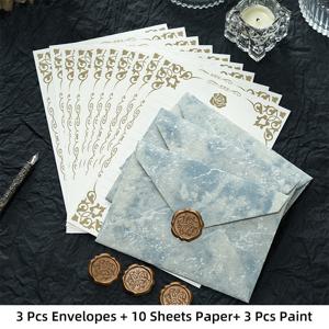 TEMU 16개 골드 포일 마블 패턴 봉투 세트 (봉인 스티커 포함), 꽃무늬 손글씨 편지지, 레트로 엠보싱 크라프트 특별 용지 봉투, 봉투 3개, 왁스 씰 3개, 편지지 10매 포함