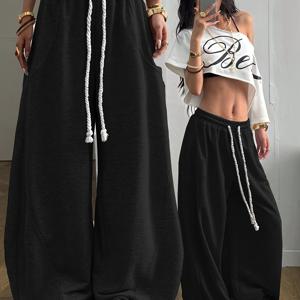 TEMU 2025 가을/겨울 신상 여성용 편안하고 부드러우며 통기성 좋은 루즈핏 활용도 높은 데일리 레귤러 스타일 바지, 휴가, 여가활동, S, 댄스 연습, 스트리트 댄스, 스트리트 스타일, 뮤직 페스티벌용, 단색, 두꺼운 드로스트링, 신축성 있는 허리, 와이드 레그 하렘 팬츠, 스웨트팬츠, 긴 바지