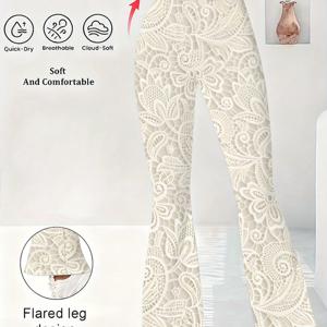 TEMU [데일리 캐주얼 스타일] 여성용 하이웨이스트 우아한 프린트 플레어 팬츠 - 플로럴 라인 콤비네이션 패턴, 컬러 스플라이스 디자인, 사계절 착용 가능, 사계절 편안한 착용감, 슬림 플레어 팬츠