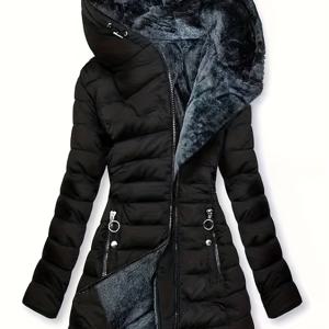 TEMU 플러스 사이즈 - 플러스 사이즈 - 후드 두꺼운 보온 방한 미디엄 길이 지퍼 긴팔 재킷 슬림 코트 - 패딩 옷