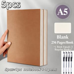 TEMU A5 노트북 1개 + 펜 4개 포함 5개 세트, 256페이지 A5 소프트 가죽 노트북, 다이어리, 드로잉, 스케치용 빈 노트북, 창의적인 작업, 공예, 예술가, 저널리스트에게 완벽한 제품
