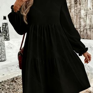 TEMU 셀프 디자인 블랙 솔리드 컬러 라운드넥 루즈 로브, 심플한 멀티스타일 드레스, 가을 겨울 데일리웨어, 다크톤 여성스타일