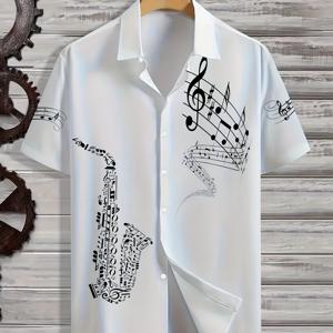TEMU 남성용 하와이안 셔츠 - 3D 음표 & 음악 프린트, 반팔 버튼업 칼라, 루즈핏 풀바디 트로피컬 디자인, 해변 휴가, 리조트웨어 & 하와이안 루아우 파티 의상 - 버튼프론트 캐주얼 셔츠 (신축성 없음)