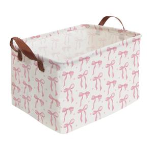 TEMU 핑크 리본 수납 바구니 1개, 코케트 룸 데코 수납함, 접이식 야외용 바구니, 손잡이 포함, 핑크 리본 룸 데코, 옷장, 침실용 담요 바구니, 선물용 바구니, 선반 수납, 선반 바구니