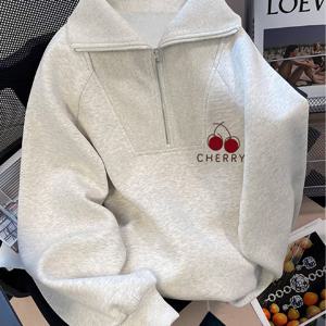 TEMU 미국 스트리트 스타일 신상 만화 체리 레터 프린트 긴팔 빅 라펠 지퍼 후드 스웨트셔츠 여성용 가을/겨울용 두꺼운 캐주얼 후드 탑 한국 스타일 루즈핏 BF 스타일 패션 탑