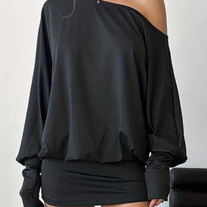 TEMU 여성 섹시 오프숄더 긴팔 바디콘 미니 드레스 스트리트 스타일 뮤직 이벤트용 Guangbei Direction YY1029190