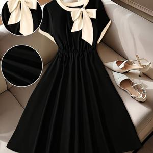 TEMU 플러스 사이즈, 여성용 플러스 사이즈 우아한 숏 슬리브 미디 드레스 - 리본 장식, 라운드넥 A라인 숏 슬리브 드레스, 봄 여름 가을에 적합, 캐주얼 웨딩 파티 의상 - 세탁기 사용 가능 X라인 피티드 바디스