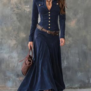 TEMU 빈티지 칼라 맥시 드레스 - 우아한 특별 라인 솔리드 컬러 풀 길이 드레스, 세탁기 사용 가능 중간 신축성, 봄/가을 웨딩, 파티, 캐주얼 착용 - 여성 정장