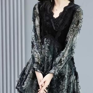 TEMU 여성용 시크한 V넥 드레스, 가을/겨울용 벨벳 레이스 패치워크