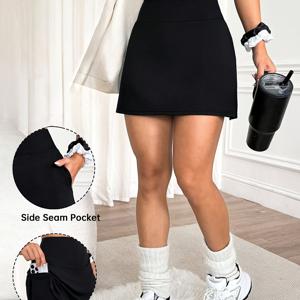 TEMU 1개 여성용 하이웨스트 스커트 반바지 (포켓 포함) - 옆면 파티드 디자인, 탄성 있는 요가 피트니스 러닝 사이클링 테니스 트레이닝 의상, 세탁기 사용 가능한 운동복, 헬스장용, 통기성 좋은 단색, 요가, 필라테스에 적합
