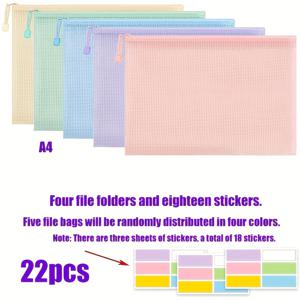 TEMU 22개 (4개 메시 지퍼백 및 18개 컬러 라벨 스티커) - A4/A5/A6 문서 가방 (투명 창 포함), 가정 및 사무용품을 위한 내구성 PVC 보관 상자, 펜, 연필, 마커, 가위 등에 적합 - 다양한 색상으로 제공