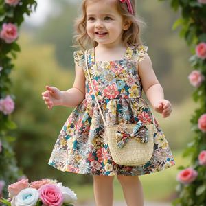 TEMU 여아용 플로럴 프린트 원단 드레스와 짚으로 짠 가방, 아이와 아기를 위한 달콤하고 귀여운 야외 복장, 어린이를 위한 생일 및 휴일 선물, 어린 여아를 위한 사랑스럽고 스위트한 스타일의 캐주얼 아우터웨어, 통기성 좋고 편안한 스타일리시한 아동복