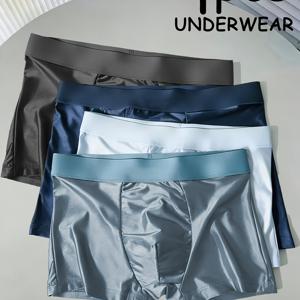 TEMU 남성용 아이스 실키 섬유 박서 브리프 4팩 - 초경량, 통기성, 중간 신축성 솔리드 컬러 쇼츠, 캐주얼 웨어에 이상적, 편안한 디자인, 매끄러운 소재, 4가지 색상: 네이비 블루/라이트 블루/그레이/블루, 대량 도매 할인