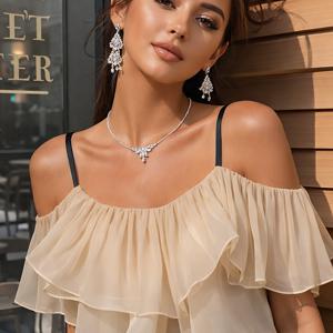 TEMU 여성용 카키색 오프숄더 스파게티 스트랩 시폰 블라우스, 2026년 여름 신상품, 성숙하고 패셔너블한 스타일리시하고 우아한 플로우리 탑, 고품질 여성 의류