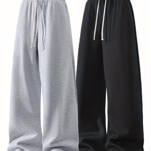 TEMU 2피스 남성용 루즈핏 레그 캐주얼 팬츠 - 부드러운 스트레치 니트 원단, 조절 가능한 드로스트링 허리 밴드 및 옆면 포켓, 올 시즌 피트니스 아웃도어 레저 웨어, 액티브웨어, 실용적인 디자인, 편안한 착용감, 활동적인 라이프스타일