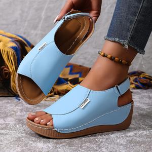 TEMU 플랫폼 오픈토 여성 신발, 스타일리시하고 편안한 미드힐 샌들, 우아한 빈티지 웨지 샌들, 캐주얼 휴가에 적합, 외출 및 여행에 적합, 비치웨어에 이상적, 단색 두꺼운 밑창 여성 웨지 샌들.