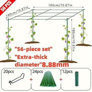 TEMU 56개 고강도 금속 정원 포도 지지대 프레임, 8.88mm 초고밀도 직경, 24개 막대 (90cm) + 12개 커넥터 + 20개 스틸 와이어 클립, 덩굴 장미/포도/장벽/마당 아치/채소 창고용 녹색 트렐리스