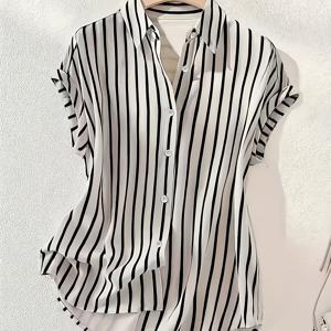 TEMU 우아한 여성용 오프숄더 반팔 셔츠 | 싱글 브레스트 라펠 칼라, 버튼 디테일, 레귤러 핏, 봄/여름/가을용