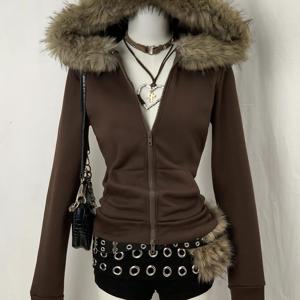 TEMU 여성용 패션 긴소매 퍼리 후드 집업 후드티