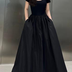 TEMU 여성용 여름 슬림핏 반팔 드레스 - 벨트 허리라인 미디 기장 원목 넥 와이드 스윙 드레스, 캐주얼 & 오피스 착용