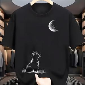 TEMU 달을 바라보는 고양이 남성용 프린팅 티셔츠 - 고양이와 달 패턴 디자인, 트렌디한 스타일, 크루넥 레귤러 핏