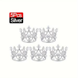 TEMU 미니 왕관 케이크 장식, 골드 & 실버 색상, 진주 티아라 특징. 생일 및 웨딩 장식, 발렌타인데이 및 크리스마스 헤어 장식으로 완벽합니다.