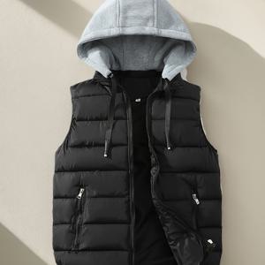 TEMU Pearson OBM 남성 솔리드 컬러 후드 조끼, 스타일리시하고 캐주얼한 민소매 따뜻한 두꺼운 재킷, 가을 및 겨울에 적합