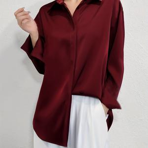 TEMU 우아한 여성용 새틴 긴팔 셔츠 - 버건디 레드, 칼라, 매끄러운 마감, 세탁기 사용 가능, 직장이나 캐주얼 의상에 완벽, 사무실 의류 | 다용도 패션 | 맞춤형 핏, 새틴 블라우스