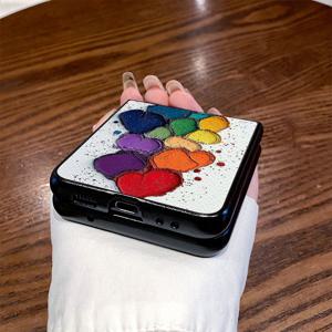 TEMU 폰 케이스: 컬러풀 하트 패턴 디자인 휴대폰 케이스 (손목 스트랩 포함) - Z Flip3, Z Flip4, W23 Flip, Z Flip5, W24 Flip, Z Flip6, Z Fold2, W21, Z Fold3, W22, Z Fold4, W23, Z Fold5, W24, Z Fold6용 - 스테인리스, 패셔너블, 트렌디한 인조 가죽