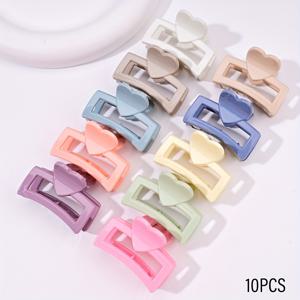 TEMU 10개 하트 모양 마카롱 컬러 헤어 클로 클립 - 광택 있는 직사각형 플라스틱 머리 액세서리, 포니테일, 업두, 일상 스타일용 (파스텔 색조)