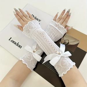TEMU 여성용 로리타 홀로우 보우 장갑 한 쌍, 야외용 팔 슬리브, 여성용 핸드 양말 소매, 야외 팔 보호,장식용 손 커버,여름용 손목 가방,로리타 장갑,로리타 스타일,고딕 로리타 미학,탄력 있는 핏,자수 세부 사항,로리타 패션 애호가