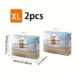 TEMU 곰 프린트 대용량 수납백 2개 세트, 접이식 휴대용 정리 가방, 이사용 스타일리시한 두꺼운 수납백, 옷, 이불, 베개용 공간 절약형 여행 수납가방, 포장, 이사, 여행, 가정용으로 적합