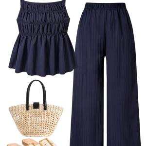 TEMU 청소년용 캐주얼 스위트 플리츠 스트레치 민소매 탑과 루즈 와이드 레그 팬츠 투피스 세트, 일상복 및 휴가, 자매 포토샷, 봄/여름에 적합, 야외 활동에 완벽