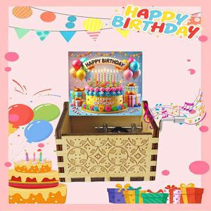 TEMU 1개 핸드크랭크 빈티지 목재 뮤직박스 - 컬러풀 풍선 & 케이크 디자인, 생일, 어머니날, 결혼기념일을 위한 자연 소나무 로맨틱 홈 데코 선물