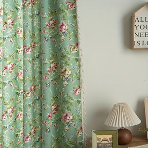 TEMU 1pc 그린 로즈 프린트 커튼, 농촌 스타일 기계 세탁 가능한 막대 커튼, 침실, 거실, 식당, 발코니, 연구실, 베이 창, 휴가, 데이트, 기념일 장식용 짧은 커튼에 적합합니다.